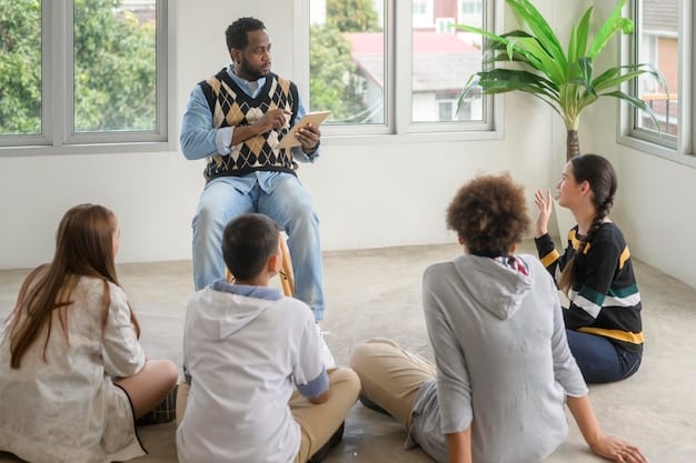 A support group of men sitting in a circle, engaged in conversation, with one man actively listening to another, symbolizing shared understanding and community.