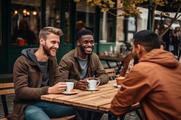 A group of diverse men laughing and talking animatedly at a coffee shop or park, engaged in genuine face-to-face conversation, with no visible screens. The atmosphere is warm and inviting, representing authentic human connection.