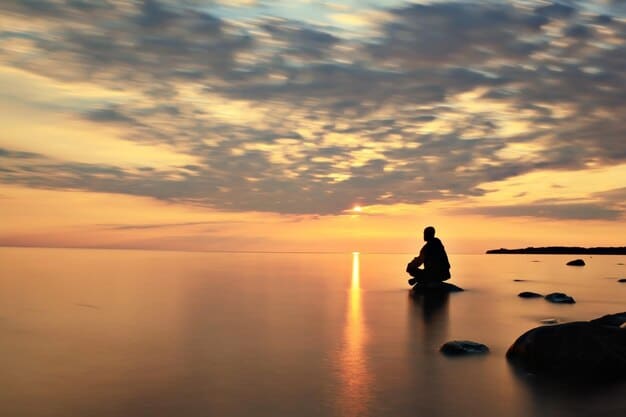 A calm, serene image of a man meditating or practicing mindfulness in a quiet space, perhaps at dawn or dusk. The focus is on mental peace and tranquility, emphasizing stress reduction.