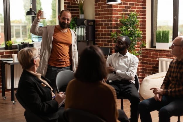 A diverse group of men engaged in a supportive group therapy session, showing open communication and mutual understanding. Warm, inviting atmosphere.