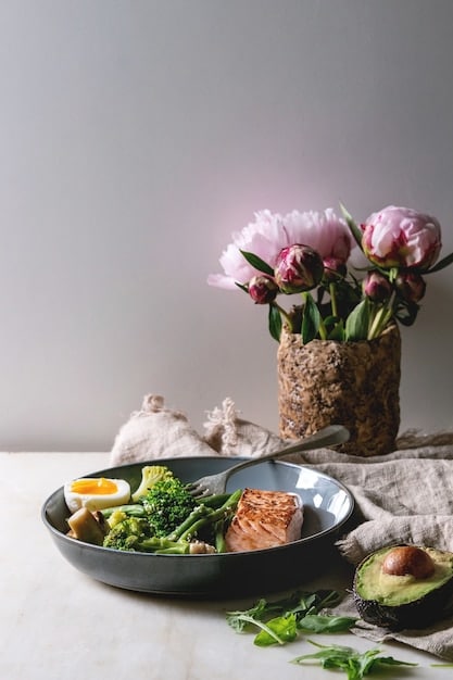 A balanced plate of healthy, colorful food – salmon, leafy greens, berries – symbolizing nourishing both body and mind. Bright, appealing presentation.