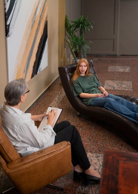 A man sitting in a therapy session, facing a compassionate female therapist. The setting is calm and professional, emphasizing mental health support.
