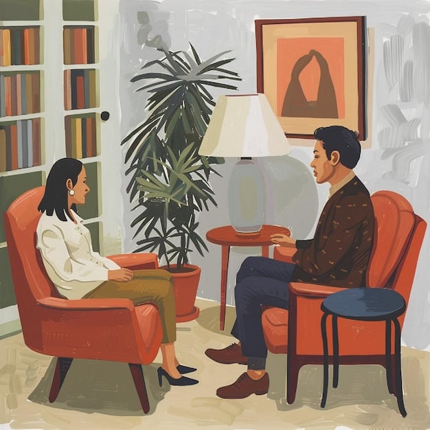 A man sitting across from a female therapist, both engaged in a focused conversation in a modern, calm office setting. The man appears thoughtful and receptive.