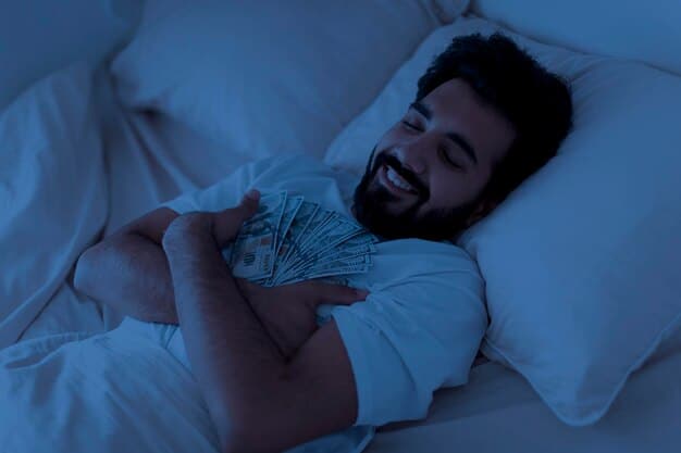 A man tossing and turning in bed at night, unable to sleep, with a thought bubble above his head showing swirling money symbols and bills, indicating financial worries.
