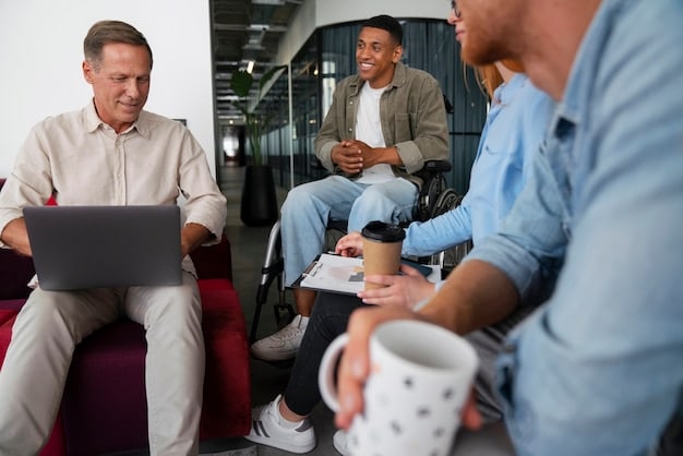 A diverse group of male employees in a modern office, engaged in a conversation or group activity, looking supportive and collaborative, emphasizing psychological safety.