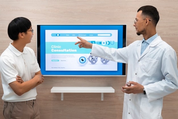 A healthcare professional explaining medication options to a male patient in a modern clinic setting, with medical diagrams on a screen.