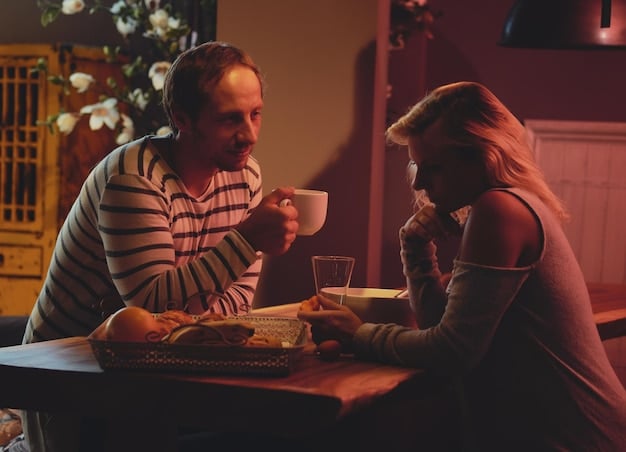 A couple engaging in light conversation over coffee, emphasizing connection, communication, and emotional intimacy.