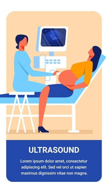 A diagram or an illustration showing an ultrasound probe being used on a patient's groin area, with a screen displaying a generic ultrasound image of the testicles, conveying a sense of medical examination.