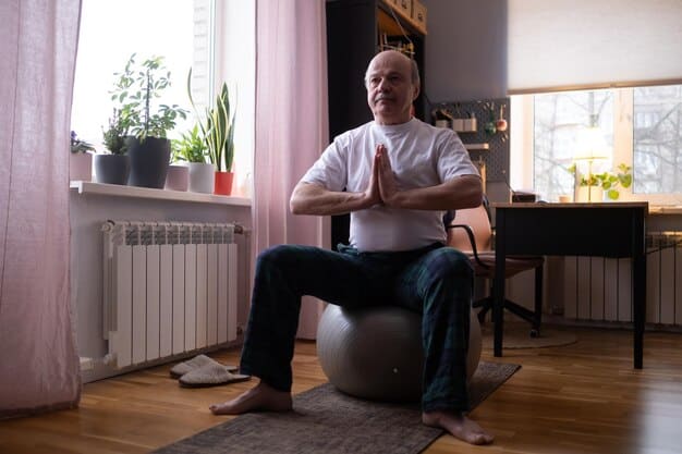 A man in his 60s, dressed comfortably, performing a discreet Kegel exercise, perhaps sitting on a chair, with a subtle look of concentration, set in a peaceful home environment, emphasizing personal self-care and control.