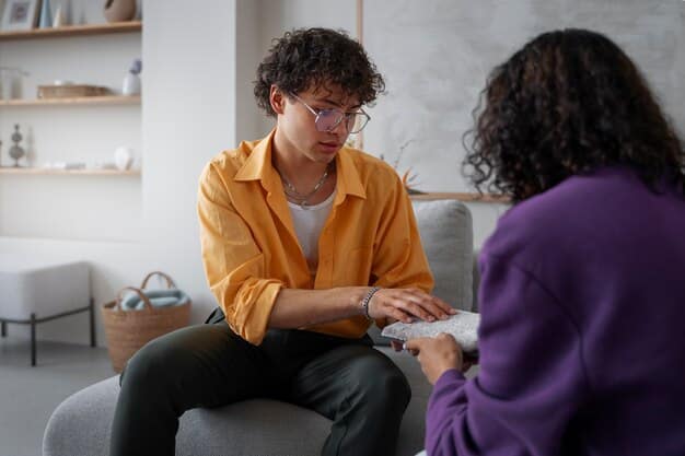 A supportive counseling session where a person is engaged in a conversation with a therapist, surrounded by subtle symbols of mental well-being and open communication, emphasizing the role of therapy.