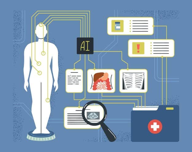 A magnifying glass highlighting a section of a complex human anatomy diagram, focusing on the endocrine system, symbolizing detailed medical examination.