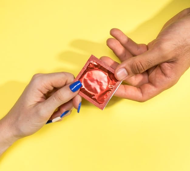 A close-up, abstract shot of two hands gently holding a half-unrolled condom, with a measuring tape subtly visible in the background, symbolizing the importance of size and care in usage.