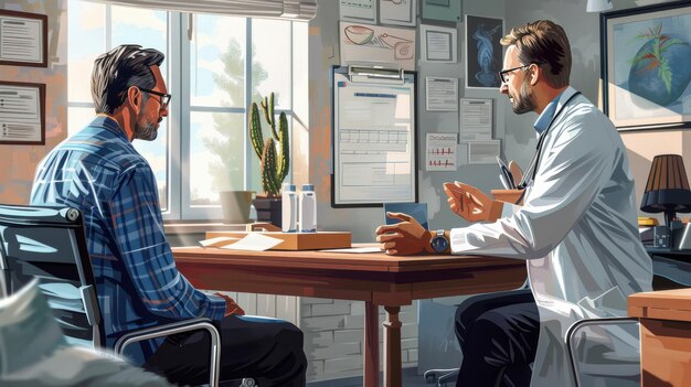 A consultation room setting with a male patient discussing his health with a doctor, emphasizing the importance of professional medical advice and regular check-ups. Focuses on dialogue and trust.