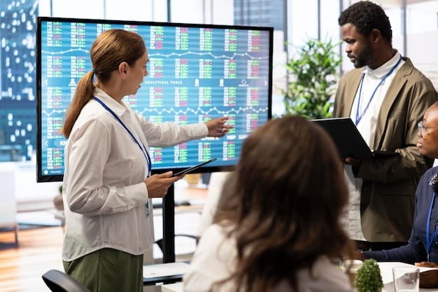 A group of diverse professionals collaborating around a large screen displaying data visualizations related to technology, healthcare, and renewable energy sectors. Charts show projected growth rates and skill demands in each sector, emphasizing Unlocking Your Earning Potential: A Data-Driven Analysis of High-Demand Skills in 2025.