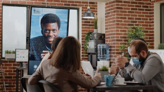 A diverse team collaborating remotely through a video conference. Various team members are shown attending from their respective home offices, illustrating effective virtual communication and teamwork. The scene emphasizes the human connection in a remote setting, as highlighted in 