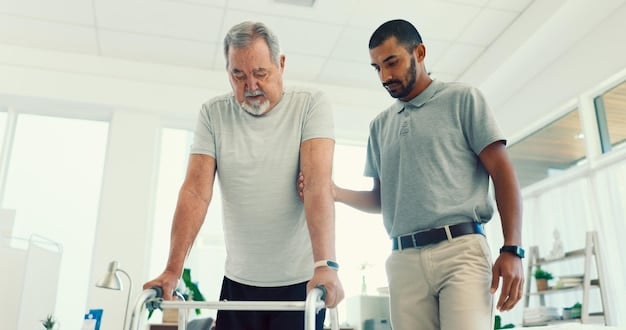 A male nurse assisting an elderly patient with a walking exercise in a well-equipped rehabilitation center. The scene highlights the growing demand for healthcare professionals and the compassionate care they provide. Career Pivot Alert: Top 5 Fastest-Growing Industries for Men in the US Through 2030 is relevant within this context.