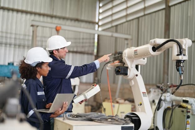 A human worker collaborating with a robotic arm in a modern factory, highlighting the collaborative potential of humans and AI in manufacturing and other industries, representing The Future of Work: How AI and Automation Will Reshape the Job Market by 2030.