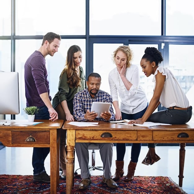 A diverse group of professionals collaborating in a modern office, emphasizing the importance of teamwork, communication, and adaptability in The Future of Work: How AI and Automation Will Reshape the Job Market by 2030.