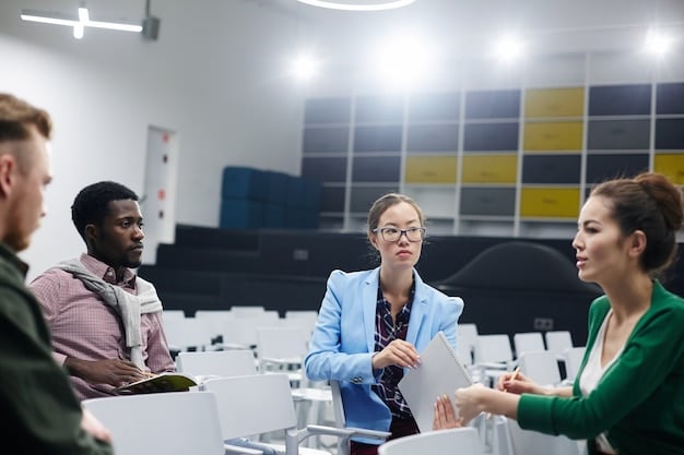 A diverse group of professionals practices public speaking in a modern office setting, receiving feedback from a coach on their delivery techniques for Mastering the Art of Public Speaking: Enhance Your Communication Skills and Career Prospects in 2025.
