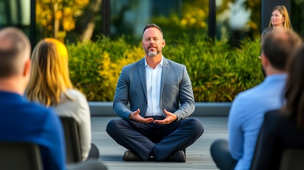 A person meditates calmly, visualizing a successful public speaking engagement, showing the mental preparation involved in Mastering the Art of Public Speaking: Enhance Your Communication Skills and Career Prospects in 2025.