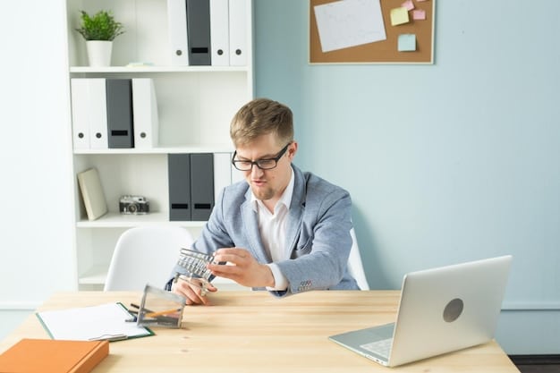 A person sitting at a desk, confidently managing their finances with a laptop and calculator, representing financial stability and peace of mind. The lighting is bright and welcoming, emphasizing a sense of control and security, related to Avoiding Career Burnout: Strategies for Maintaining Work-Life Balance and Financial Stability.