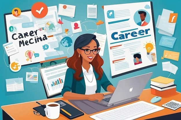 A woman confidently updating her resume on a laptop, with icons representing skills and achievements floating around her.