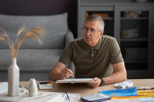 A man in his late 40s is sitting at his desk, reviewing a budget planner. The planner displays handwritten notes and highlighted sections on expenses and income. He is using a pen to adjust some numbers, reflecting his active role in financial planning.