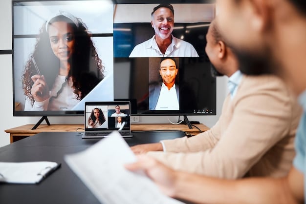 A diverse group of people participating in a video conference call, smiling and engaged. The screen shows various faces, and some participants are taking notes. The setting is a mix of home offices.