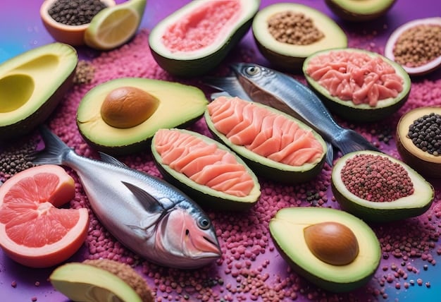A colorful array of foods known to boost testosterone, including oysters, fatty fish (salmon), avocados, nuts, and leafy green vegetables. The arrangement emphasizes variety and healthy eating habits. Conceptually linked to Boost Testosterone Naturally: The Updated 2025 Guide to Diet and Exercise.