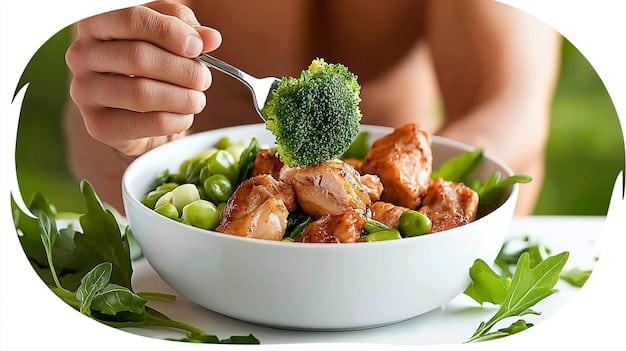 A picture of a person eating a healthy, balanced meal consisting of lean protein, complex carbohydrates, and vegetables. The image emphasizes the importance of nutrition in maximizing muscle growth and recovery, complementing Maximize Muscle Growth: The 5-Day Split Workout Plan for 2025.