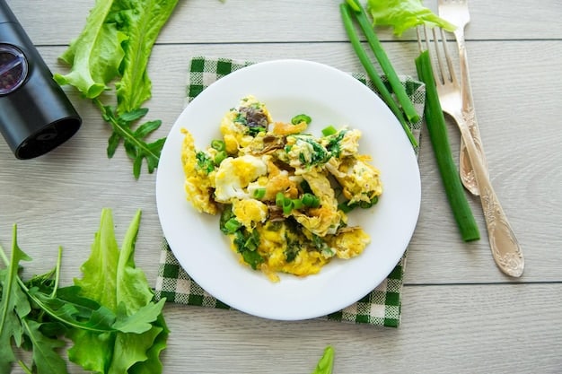 A top-down view of a plate filled with scrambled eggs mixed with spinach and crumbled feta cheese, accompanied by a side of whole-grain toast. The plate is set on a wooden table with a cup of coffee, creating a cozy and inviting breakfast scene.