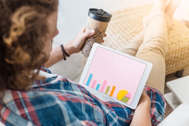 A person reviewing data on a tablet, with a colorful graph showing macro intake and weight loss progress. The background subtly displays healthy food options like fruits, vegetables, and lean protein sources.