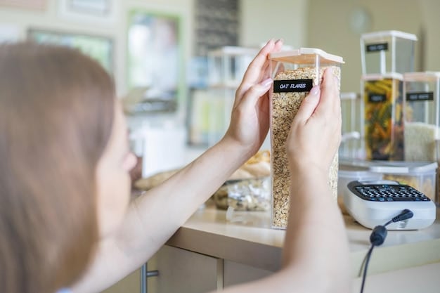 A person looking at nutritional labels on the back of different granola bars in a grocery store aisle. The person is holding two bars to compare the ingredients and nutritional information.
