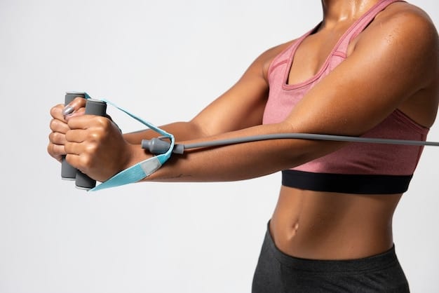 A close-up shot of a person using resistance bands for a bicep curl in a home gym setting. The focus is on the bands and the controlled movement of the exercise, illustrating an effective and affordable workout tool included in The Ultimate Guide to Building a Home Gym on a Budget.