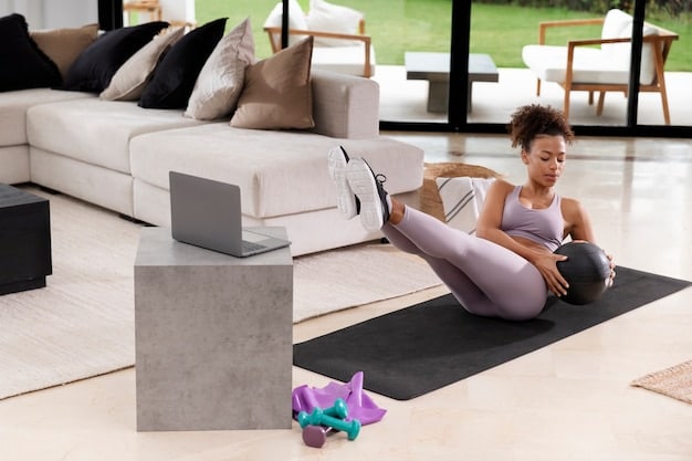 A compact home gym setup in a small apartment, showing a yoga mat rolled out, dumbbells neatly stored on a shelf, and resistance bands hanging on hooks. The scene demonstrates efficient use of minimal space, highlighting the core principle of The Ultimate Guide to Building a Home Gym on a Budget for those with limited room.