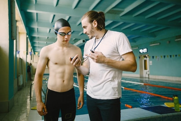 A fitness coach guiding an athlete through a cold water immersion session. The coach is using a thermometer to monitor the water temperature, ensuring it is within the recommended range. The athlete appears calm and focused, immersed up to their neck in the icy water, demonstrating The Benefits of Cold Water Immersion: A Guide for Athletes