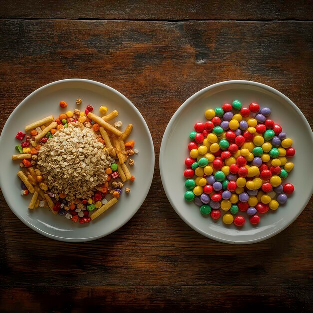A comparison image showing two plates: one with refined grains and sugary snacks, and the other with whole grains, fruits, and vegetables. The image visually contrasts the difference between simple and complex carbohydrates, highlighting the nutritional benefits of the latter for The Truth About Carbs: Are They Really the Enemy?.