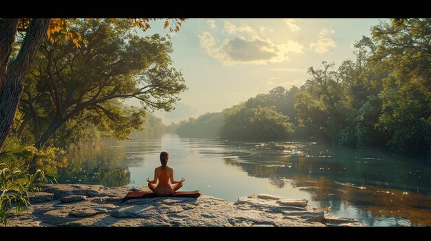 A person meditating in a serene environment, surrounded by nature. The image conveys a sense of calm and mindfulness, emphasizing the importance of stress management for hormonal balance and overall well-being. Soft, natural lighting enhances the tranquil atmosphere.