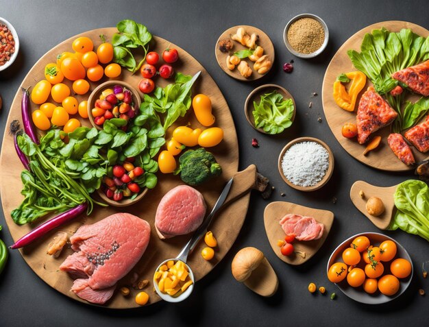 A vibrant flat lay of various protein-rich foods such as grilled chicken breast, salmon, eggs, nuts, and legumes, accompanied by fresh vegetables