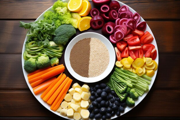 A close-up of a balanced plate with lean protein, colorful vegetables, and whole grains showcasing the macronutrients necessary for losing weight.