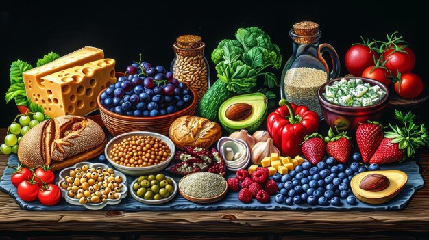 A vibrant display of various healthy foods, including fruits, vegetables, lean proteins, and whole grains, illustrating a balanced diet for men during Intermittent Fasting for Men: The 16/8 Method Explained (Updated for 2025).