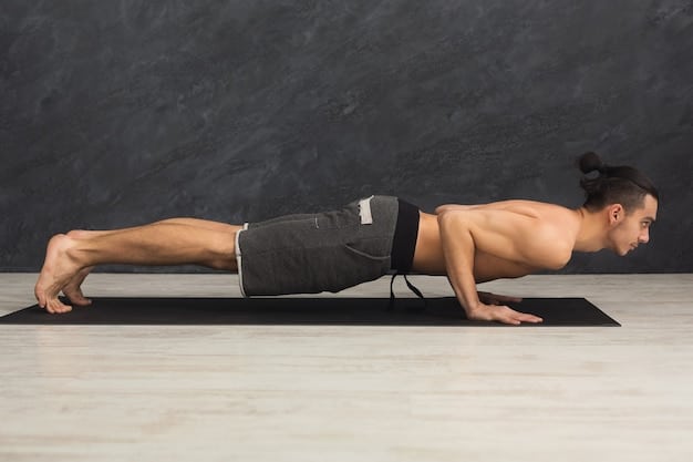 A person performing a plank with perfect form, demonstrating a straight line from head to heels. The setting is a minimalist home gym with a yoga mat. Emphasize core engagement and proper alignment. Caption: 