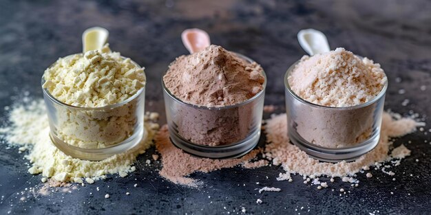 A close-up shot of various protein powder scoops in different flavors like chocolate, vanilla, and strawberry. Each scoop should be distinct and the focus should be on the texture and variety. The image demonstrates The Truth About Protein Supplements: Are You Wasting Your Money? with different flavor types.