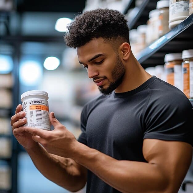 A person carefully reading the nutrition label of a protein supplement container, with a focus on the detailed information about ingredients, protein content, and potential allergens.