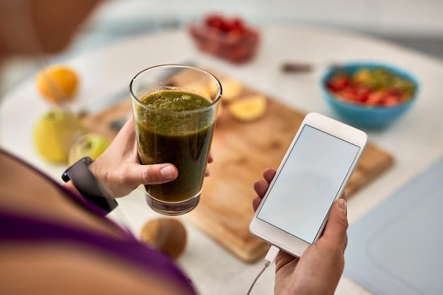A person using MyFitnessPal on their smartphone to log their lunch, showing the calorie and macro breakdown of the meal. The screen highlights the protein, carbs, and fat content.