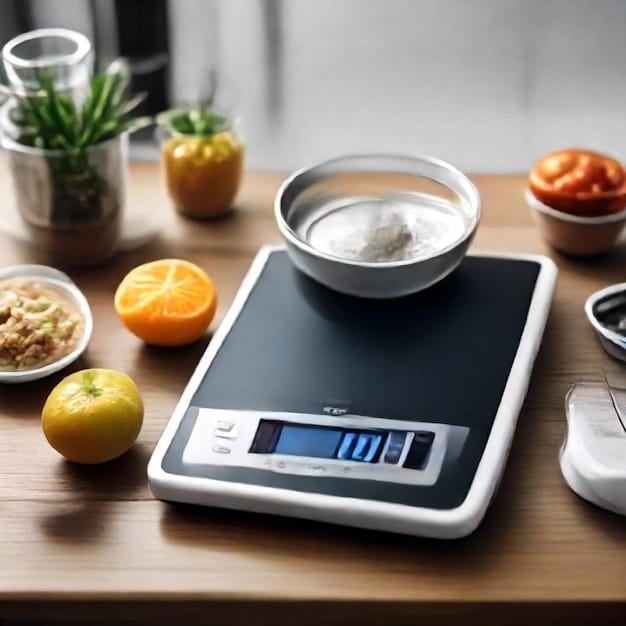 A person weighing food on a digital kitchen scale to accurately measure a portion size for calorie counting. The display shows the weight in grams.