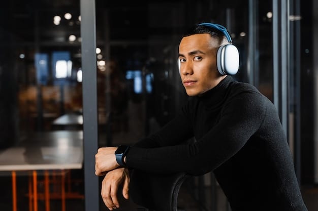 A person wearing headphones is intensely focused on a workout, surrounded by high-tech equipment and screens showing biofeedback data. The lighting is futuristic, highlighting innovation in fitness technology.