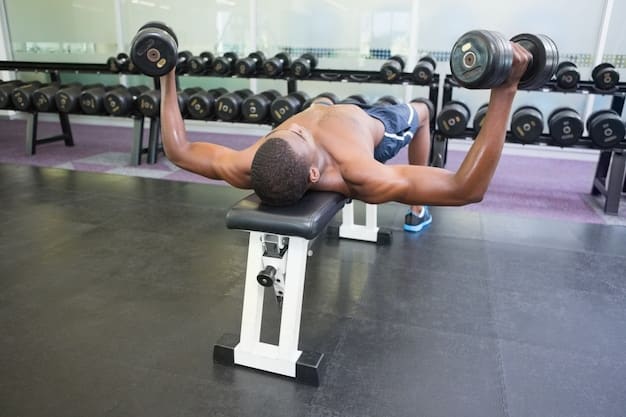 A side view of a person performing a bench press with proper form. The barbell is halfway down, and their elbows are at a 45-degree angle. A spotter is behind them, ready to assist if needed. The image emphasizes correct posture and technique during the lift, highlighting the importance of form when aiming to 'How to Increase Your Bench Press by 20 Pounds in 8 Weeks'.