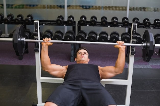 A person performing a close-grip bench press. Their hands are closer than shoulder-width apart, and they are focusing on engaging their triceps. The background shows a well-equipped gym with various weightlifting equipment. This image illustrates a highly effective method on 'How to Increase Your Bench Press by 20 Pounds in 8 Weeks'.