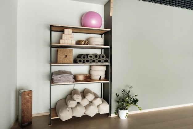 A small, well-organized corner in a living room, transformed into a home gym with wall-mounted shelves holding dumbbells, resistance bands neatly arranged in containers, and a yoga mat rolled up. A large mirror on the wall makes the space feel larger, illustrating space optimization for The Complete Guide to Building a Home Gym on a Budget.